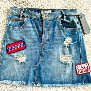 Guess Brand Denim Skirt Size 28 Fun Patches, frayed hem, distress whiskers NEW